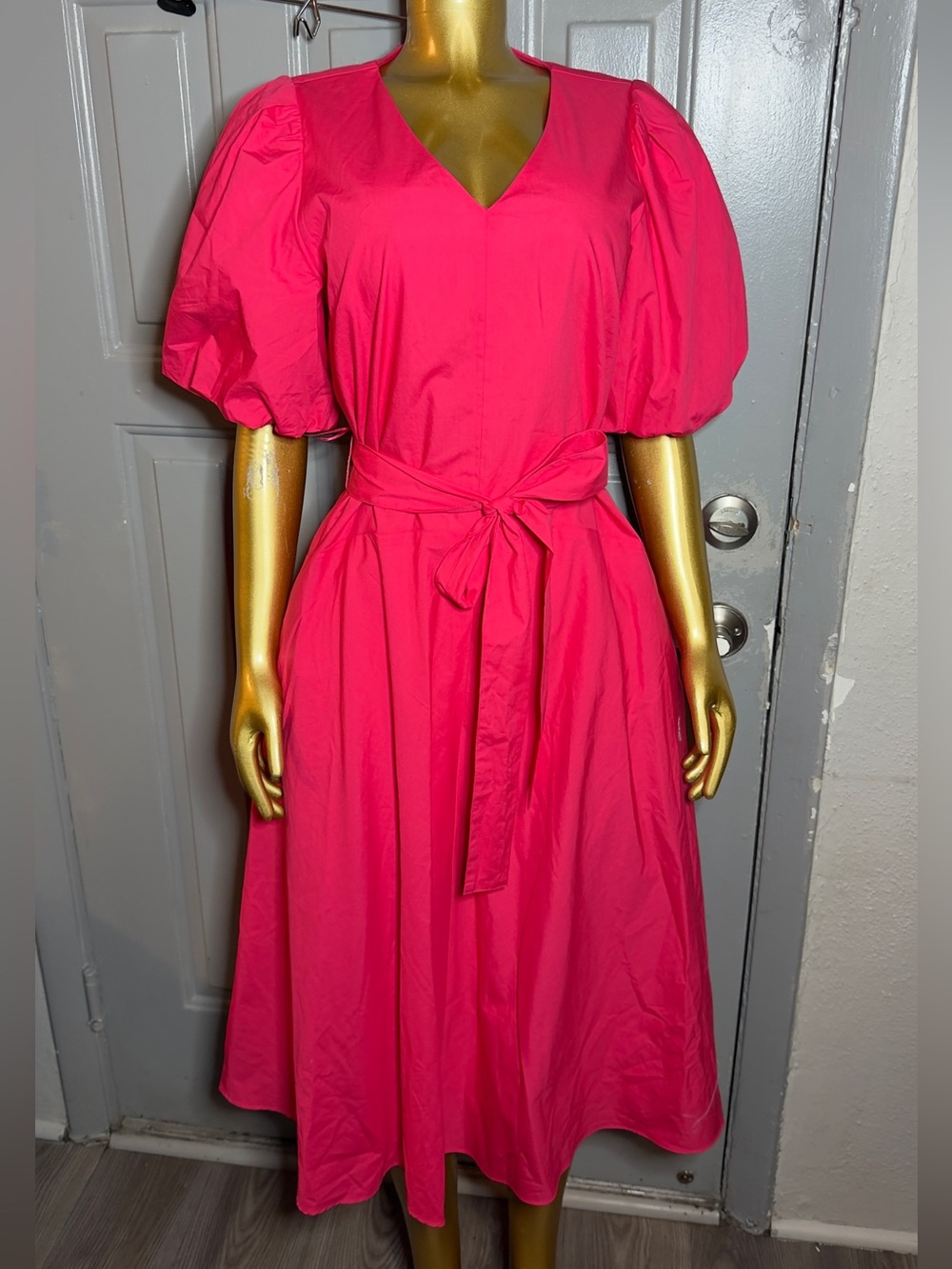 Banana Republic Hot Pink Puff-Sleeve V-Neck Midi Dress with Tie Waist